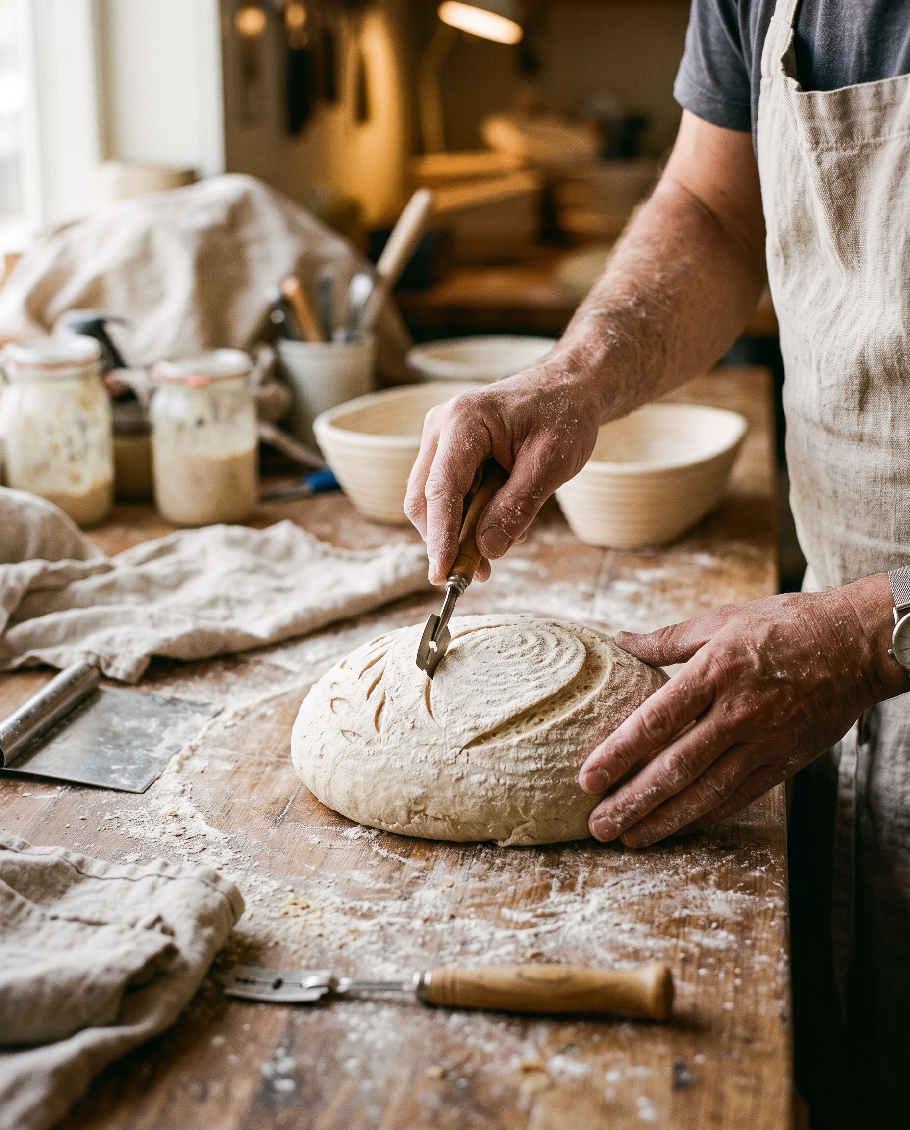 Flour-dusted hands scoring a raw sourdough loaf