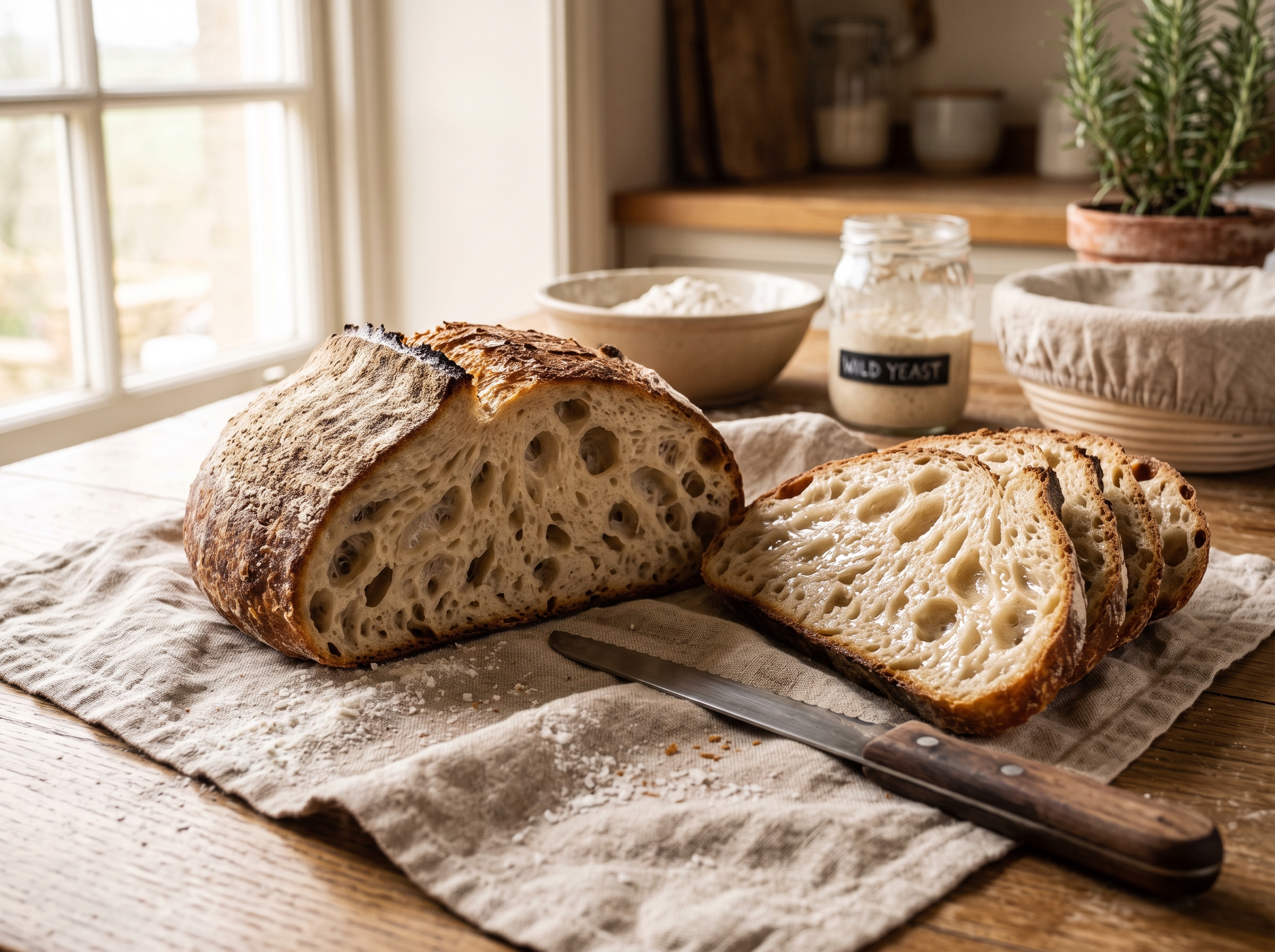 A sourdough loaf sliced to show its open, airy crumb