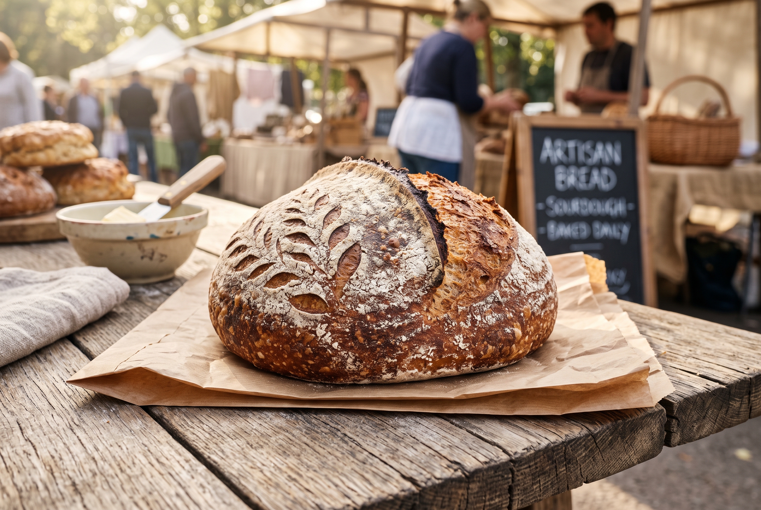 A crusty round sourdough loaf on kraft paper at the farmers market