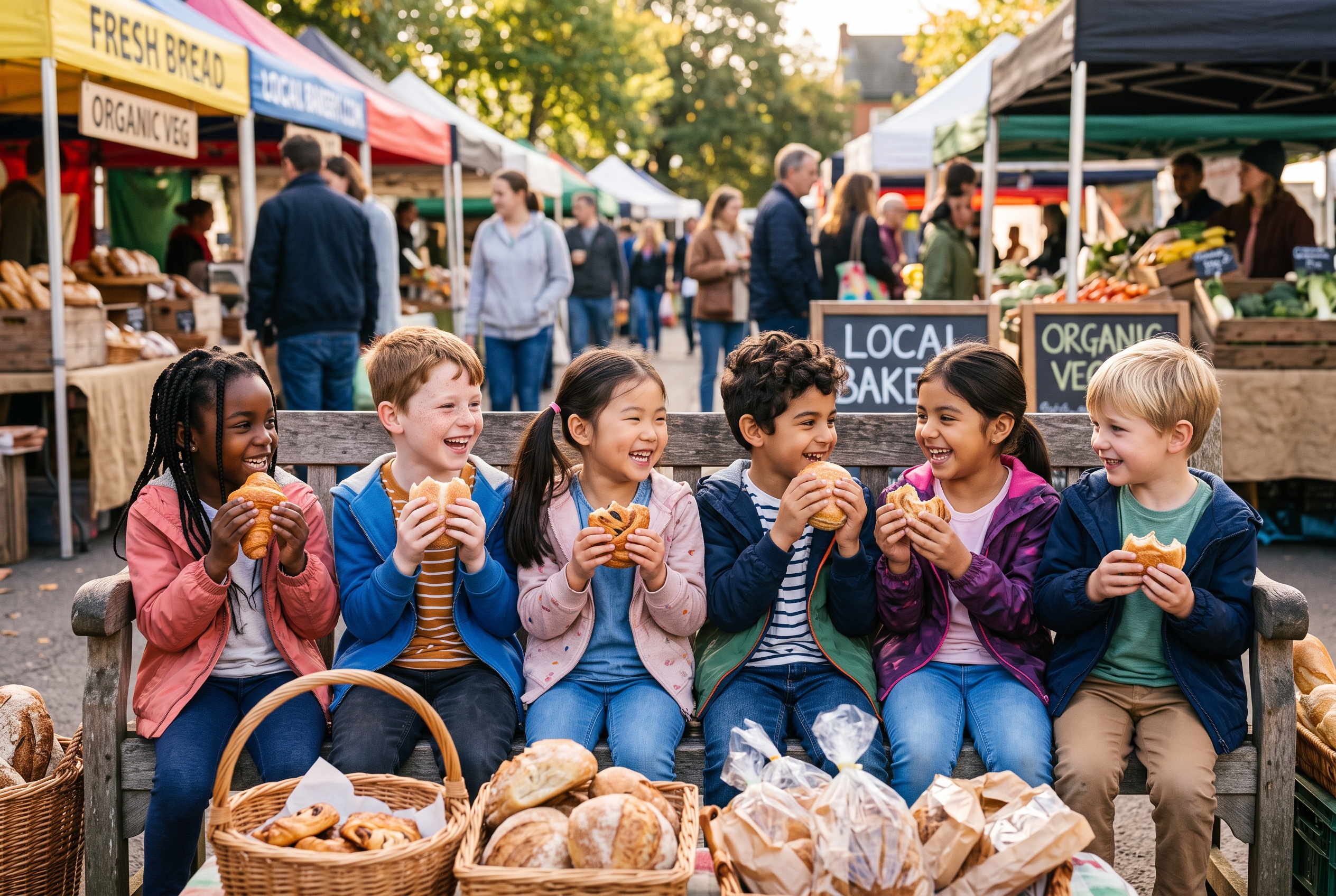 Children of many backgrounds laughing and sharing fresh bread on a bench at the market